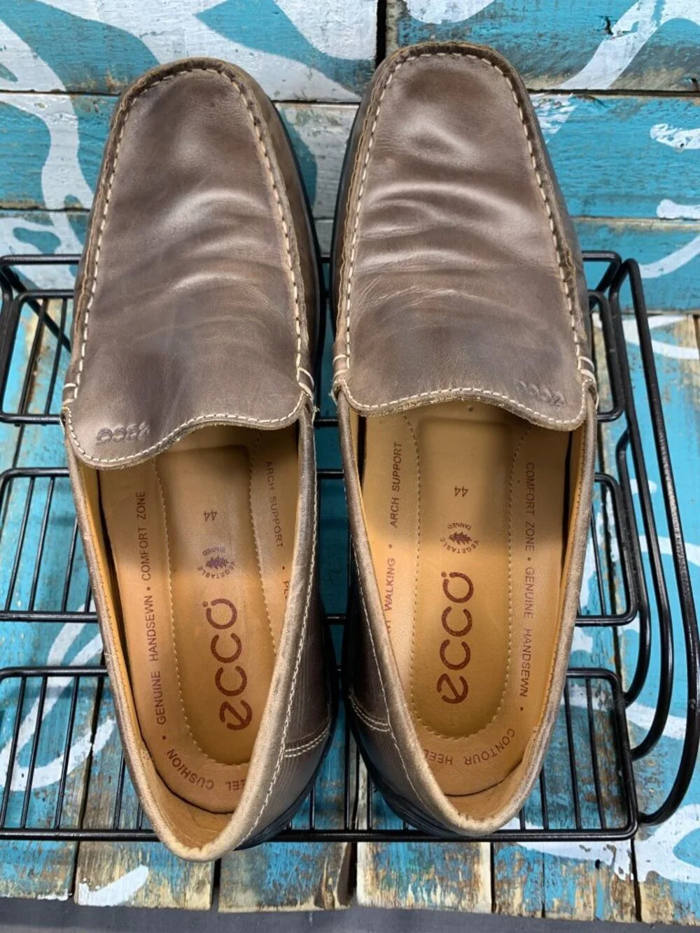 ECCO Driving Loafers Moc Toe Brown Leather Black Slip-On Mens 44/10-10.5 EUC